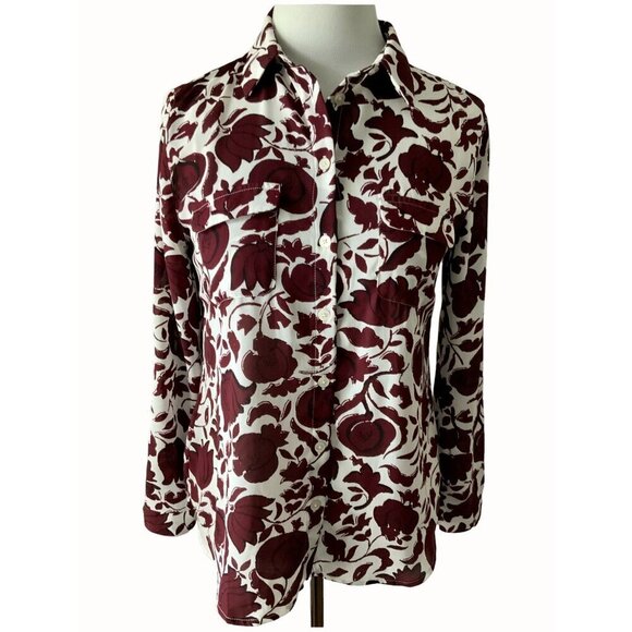Ann Taylor Loft button down cream burgundy floral adjustable sleeve blouse SP - Picture 1 of 9